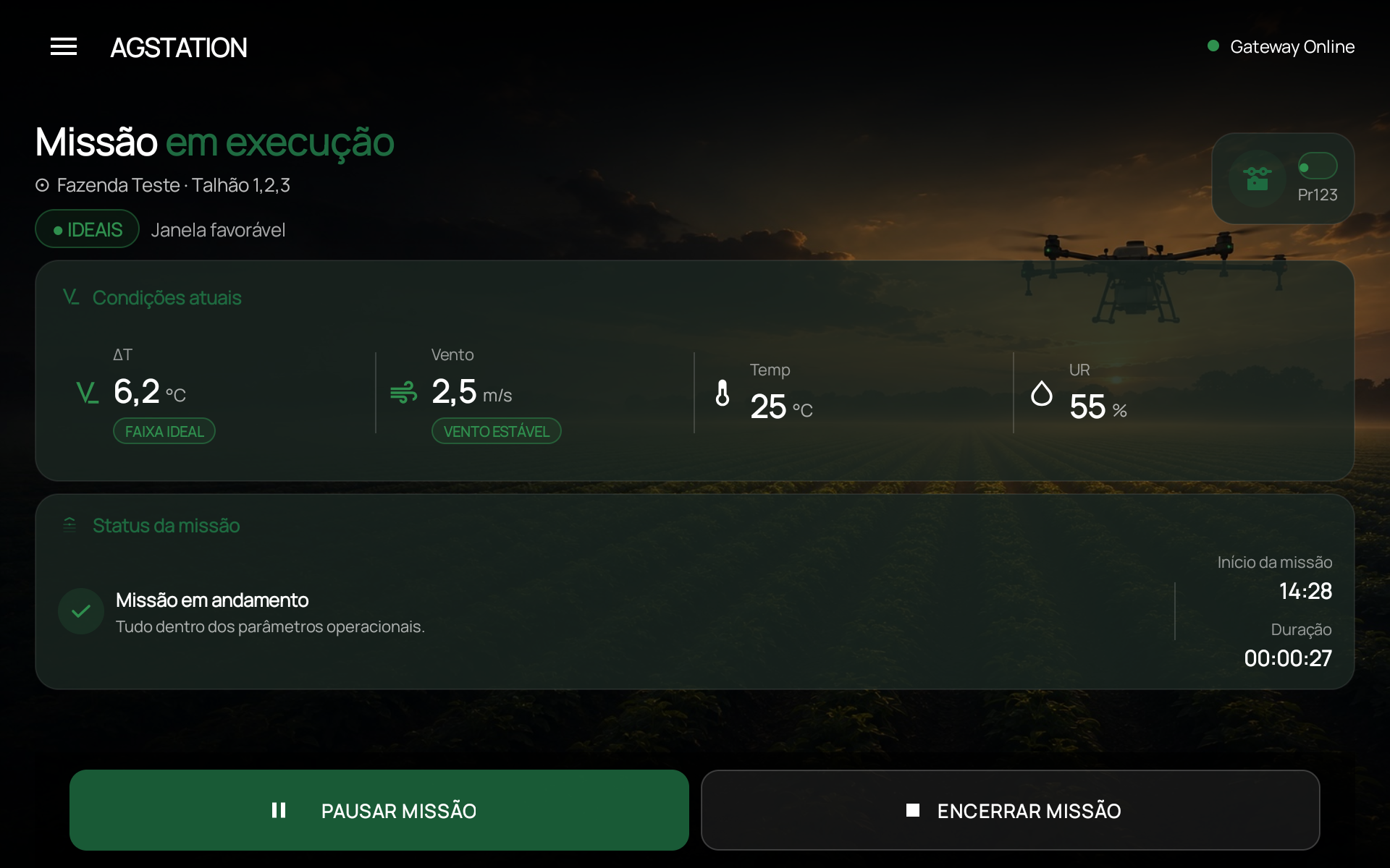 Mission Workspace do Ag-Station em operação ativa com decisão PODE APLICAR